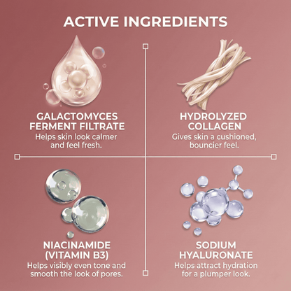 Cirela Beauty’s Collagen Facemask infographic features four key skincare ingredients—Galactomyces Ferment Filtrate, Hydrolyzed Collagen, Niacinamide (Vitamin B3), and Sodium Hyaluronate—each illustrated with their skin benefits.