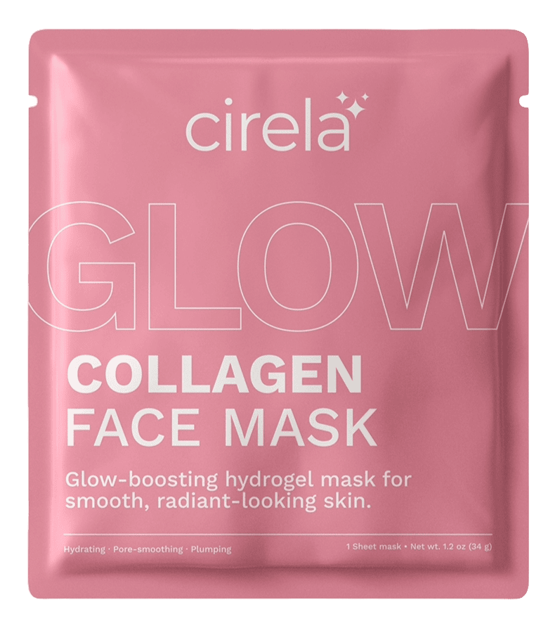 A pink sachet labeled cirela GLOW COLLAGEN FACE MASK – Glow-boosting hydrogel mask for smooth, radiant-looking skin. Additional text includes Hydrating, Pore-smoothing, Plumping and 1 Sheet mask, Net wt. 1.2 oz (34 g).