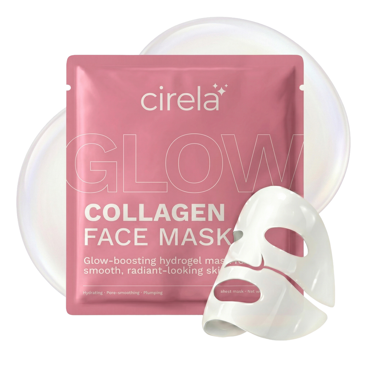 A pink Cirela Beauty Glow Collagen Hydrogel Face Mask package is shown with a white hydrogel mask and a translucent disc. The packaging promotes deep hydration for glowing, smooth, radiant-looking skin.
