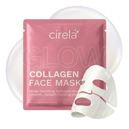A pink Cirela Beauty Glow Collagen Hydrogel Face Mask package is shown with a white hydrogel mask and a translucent disc. The packaging promotes deep hydration for glowing, smooth, radiant-looking skin.