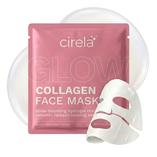 A pink Cirela Beauty Glow Collagen Hydrogel Face Mask package is shown with a white hydrogel mask and a translucent disc. The packaging promotes deep hydration for glowing, smooth, radiant-looking skin.