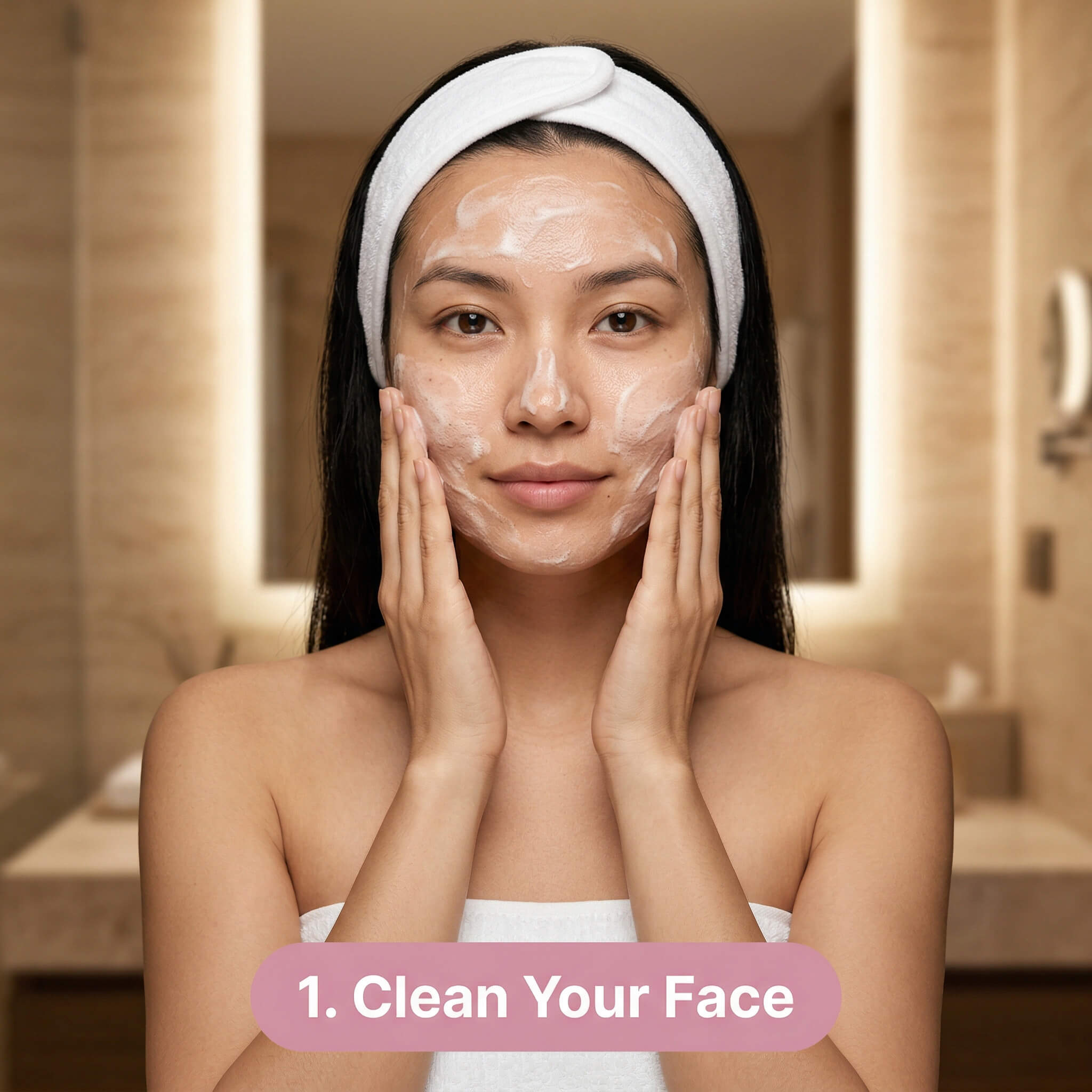 A woman with a white headband and towel applies cleanser to her face in a bathroom. Text at the bottom reads: 1. Clean Your Face.