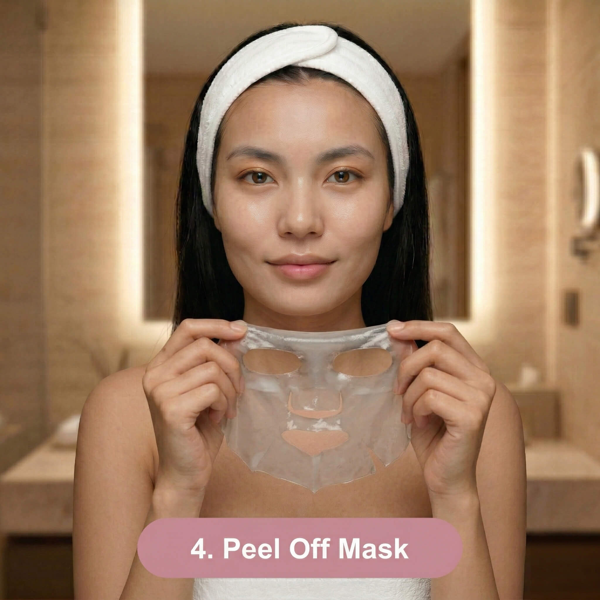 A woman wearing a white headband and towel prepares to apply a transparent sheet mask to her face in a bathroom. Text at the bottom reads, 4. Peel Off Mask.