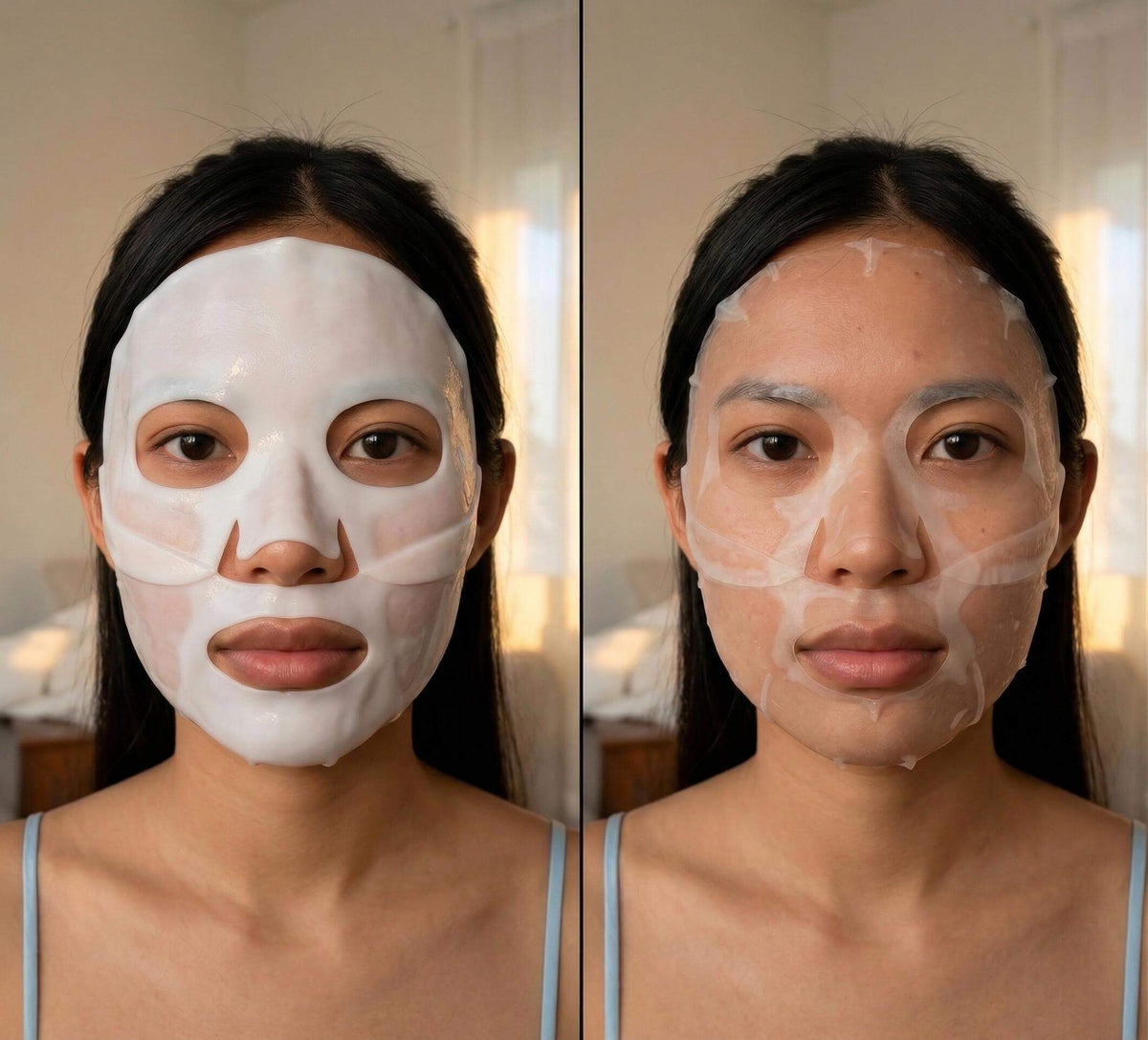 A woman with long dark hair applies Cirela Beauty’s Glow Collagen Hydrogel Face Mask in the left image and removes it in the right, revealing a radiant finish indoors under soft natural light.