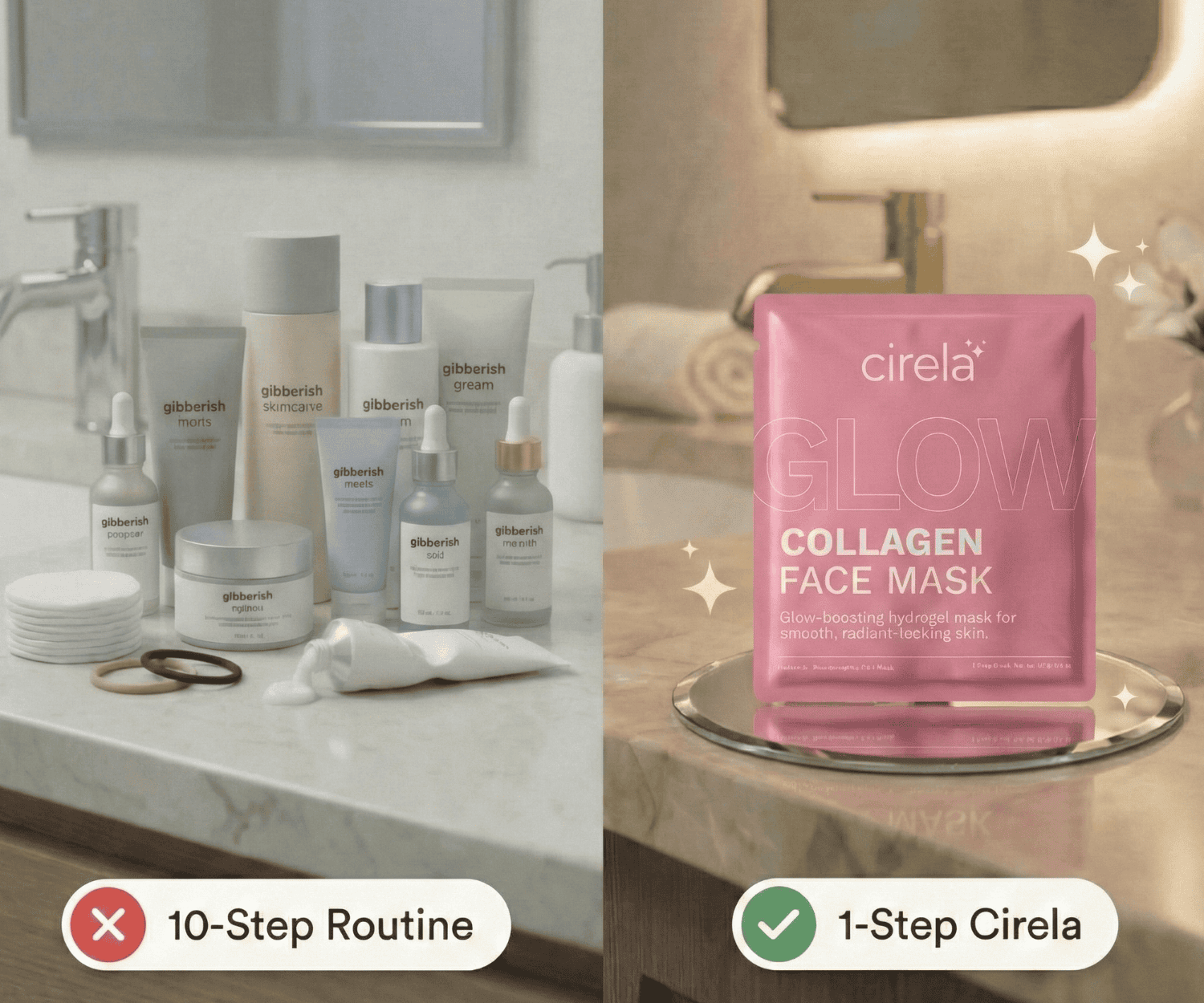 Split-screen image: Left shows various skincare products labeled gibberish on a bathroom counter, labeled 10-Step Routine with a red X. Right shows a single pink Cirela Collagen Face Mask, labeled 1-Step Cirela with a green check.