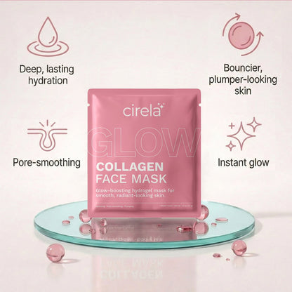 A pink packet labeled Glow Collagen Hydrogel Face Mask by Cirela Beauty stands on a round glass platform with water droplets. Nearby icons highlight deep hydration, pore-smoothing, bouncier skin, and an instant glow reset.