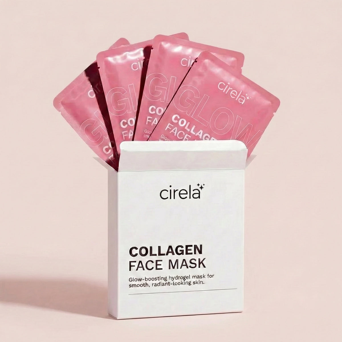 A white box labeled Cirela Beauty Glow Collagen Hydrogel Face Mask contains five pink sachets, each fanned out against a light pink background for a radiant skin glow reset.