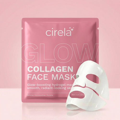 A pink Cirela Beauty Glow Collagen Face Mask package stands upright beside a white hydrogel mask on a glossy pink surface with a light pink background.