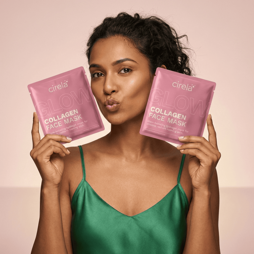 A woman in a green satin top holds up two pink Glow Collagen Hydrogel Face Mask packets from Cirela Beauty, smiling and making a kissy face against a neutral background—ready for radiant, glowing skin.