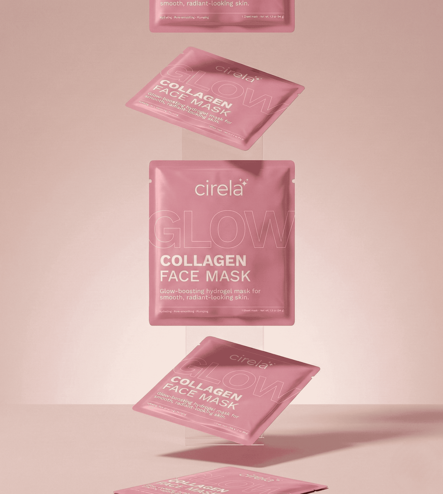 Four pink sachets of Cirela Collagen Face Mask are shown floating against a pink background. The packaging highlights glow-boosting hydrogel mask for smooth, radiant-looking skin.