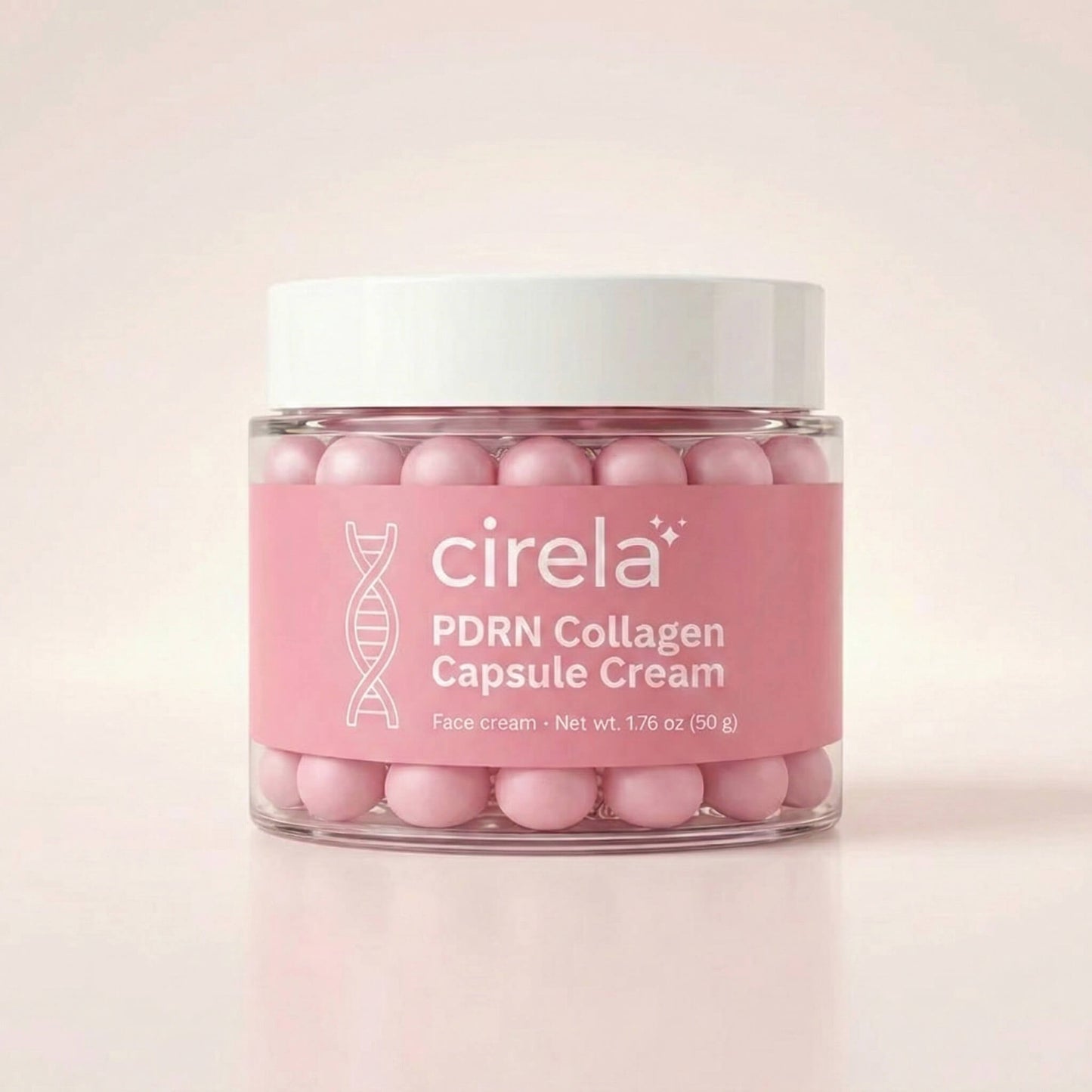 A jar of Cirela Beauty PDRN Collagen Capsule Cream with pink capsules rests on a pale background. The label shows it’s a 1.76 oz (50 g) face cream for plumper-feeling skin and a brighter tone.