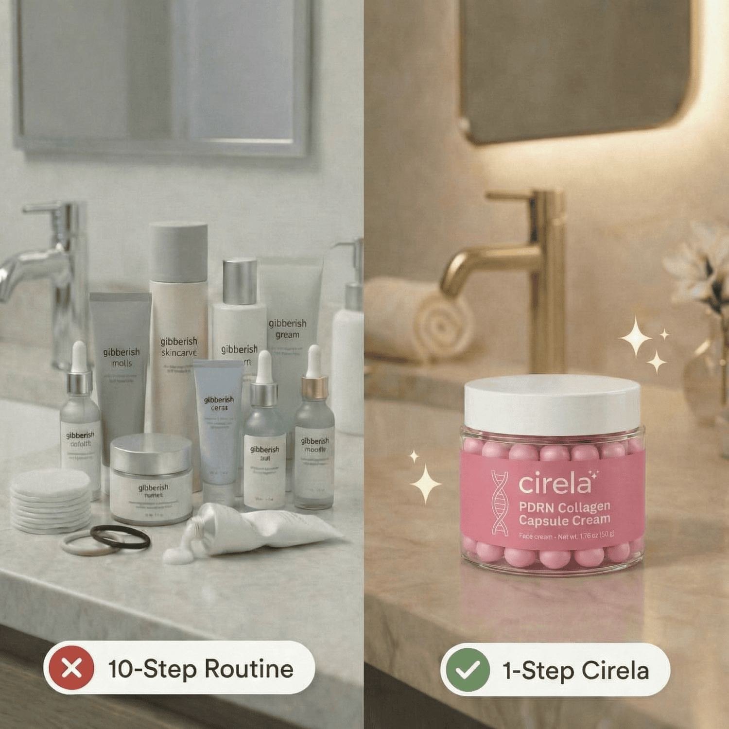 Split image: Left side shows multiple skincare products labeled “gibberish” on a bathroom counter with “10-step routine” text and a red X. Right side shows one jar of pink capsules labeled “cirela” with “1-step cirela” and a green check.