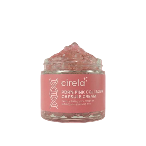 A clear jar of cirela PDRN Pink Collagen Capsule Cream with pink gel and visible capsule beads inside, labeled for deep hydrating care. The jar has a DNA helix graphic and white text on a pink label.