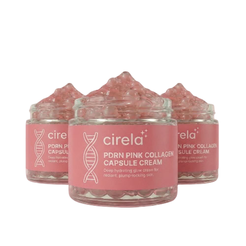 Three glass jars of Circla PDRN Pink Collagen Capsule Cream with pink gel inside are displayed. The labels are pink with white text and a DNA strand graphic. The jars are shown against a plain, light background.