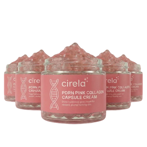 Five jars of cirela PDRN Pink Collagen Capsule Cream are displayed in rows. Each jar contains pink cream with visible capsules and has a pink label featuring a DNA strand graphic and product details.