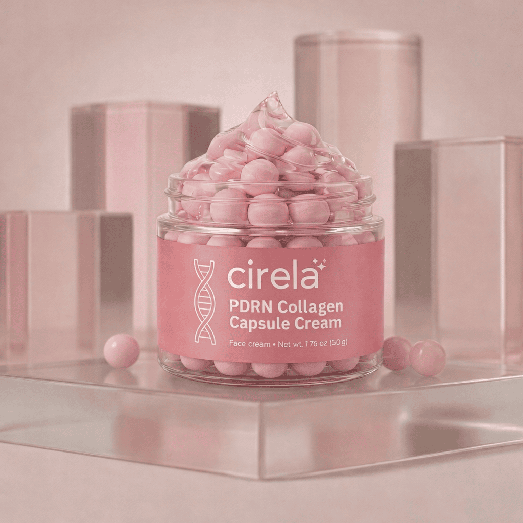 A glass jar labeled “cirela PDRN Collagen Capsule Cream” is filled with pink capsules, arranged to resemble soft-serve ice cream, set against a pink background with translucent pink blocks.