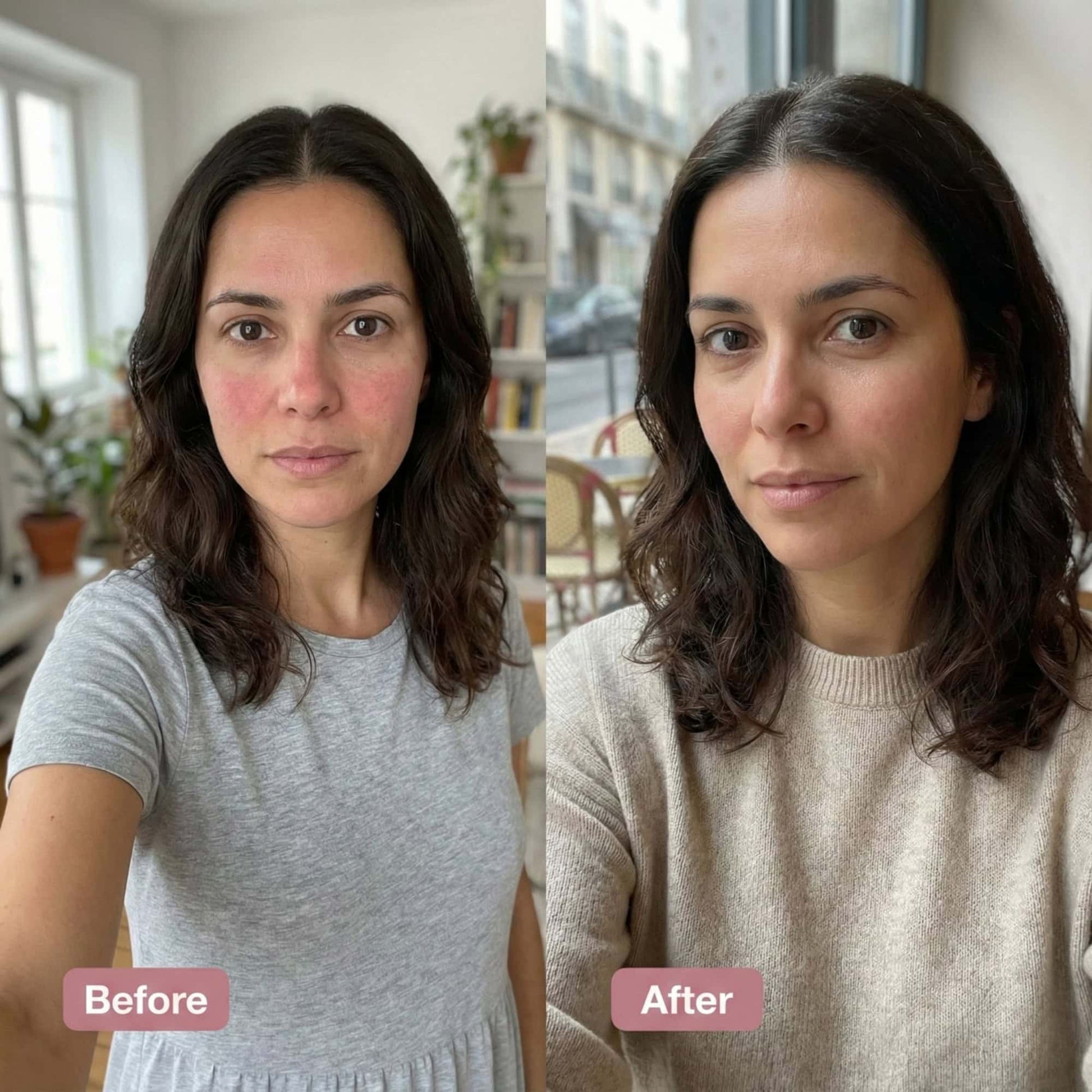 Side-by-side photos show a woman indoors. On the left (Before), her cheeks are red and irritated. On the right (After), her skin looks even and clear after using Cirela Beauty PDRN Collagen Capsule Cream.