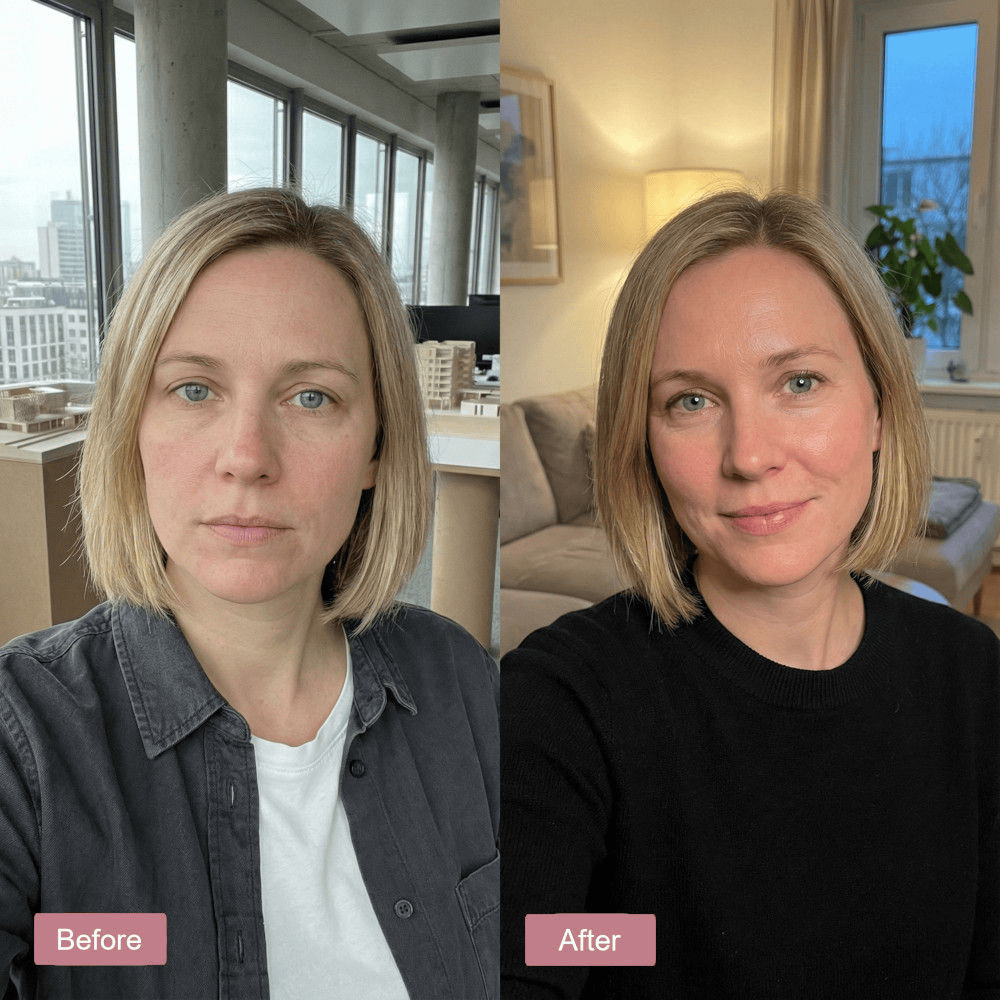 Side-by-side photos of a woman with short blonde hair; the left image is labeled Before with a neutral expression, while the right image is labeled After with her smiling in a warmly lit room.