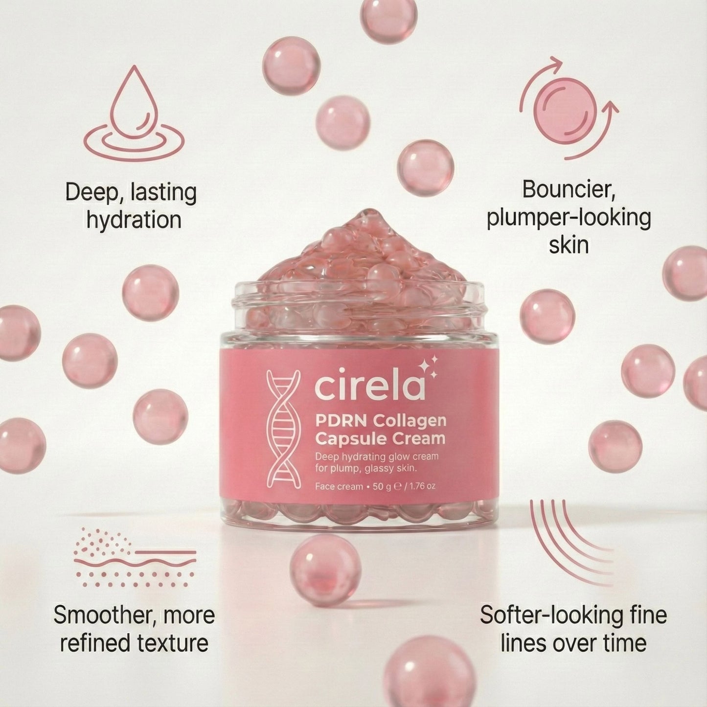 A jar of Cirela Beauty PDRN Collagen Capsule Cream with pink capsules inside, surrounded by floating pink spheres. Text highlights deep hydration, bouncier skin, smoother texture, and softer fine lines.