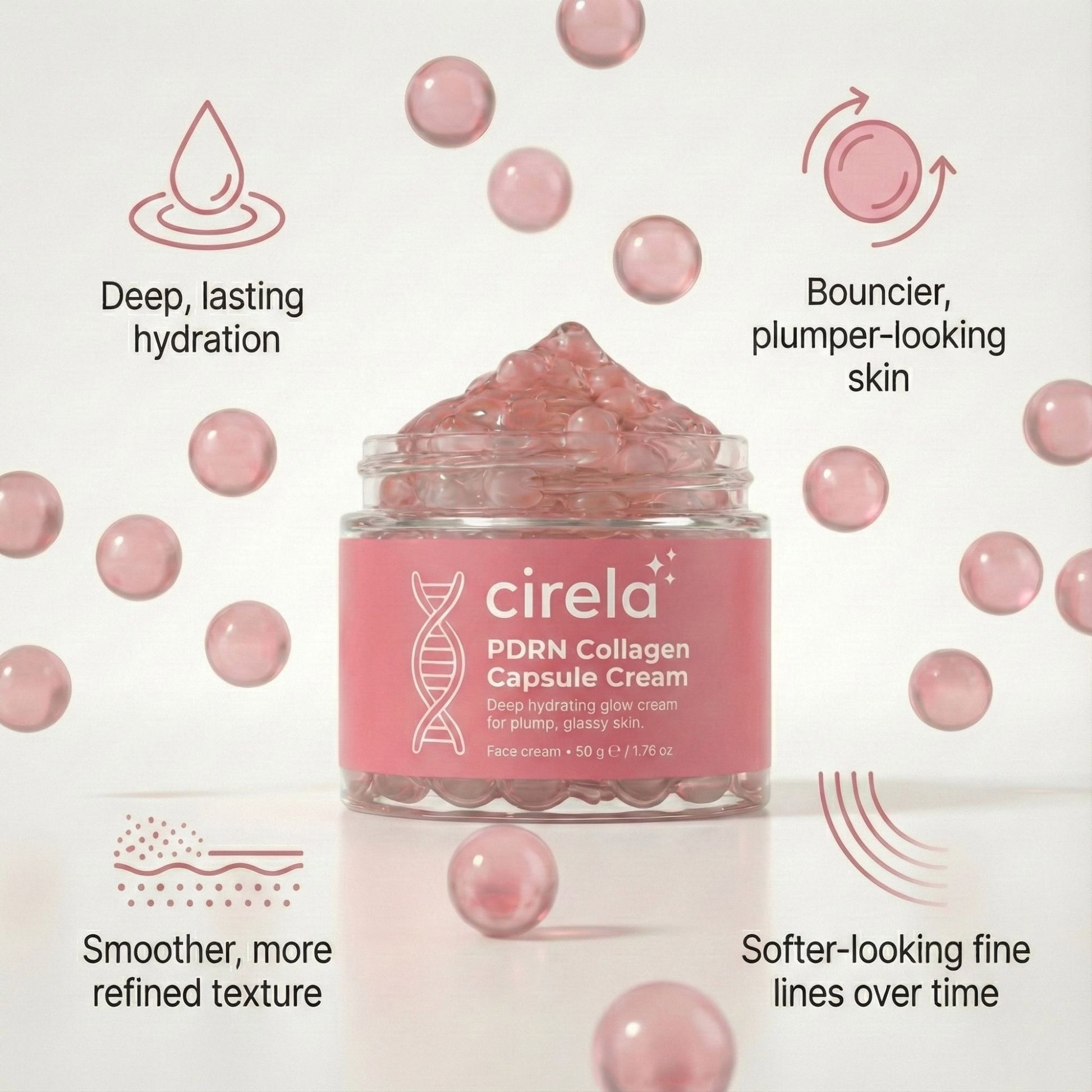 A jar of Cirela Beauty PDRN Collagen Capsule Cream with pink capsules inside, surrounded by floating pink spheres. Text highlights deep hydration, bouncier skin, smoother texture, and softer fine lines.