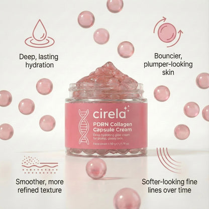 A jar of Cirela Beauty PDRN Collagen Capsule Cream with pink capsules inside, surrounded by floating pink spheres. Text highlights deep hydration, bouncier skin, smoother texture, and softer fine lines.