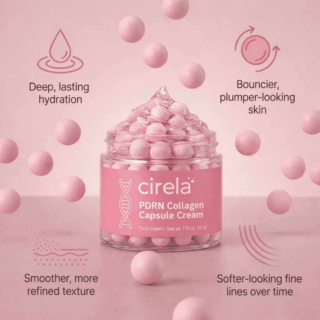 Cirela Beauty's PDRN & Peptide Collagen Capsule Cream is a jar of pink capsules formulated to support plumper-feeling skin and a brighter, more radiant complexion.