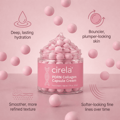 Cirela Beauty's PDRN & Peptide Collagen Capsule Cream is a jar of pink capsules formulated to support plumper-feeling skin and a brighter, more radiant complexion.