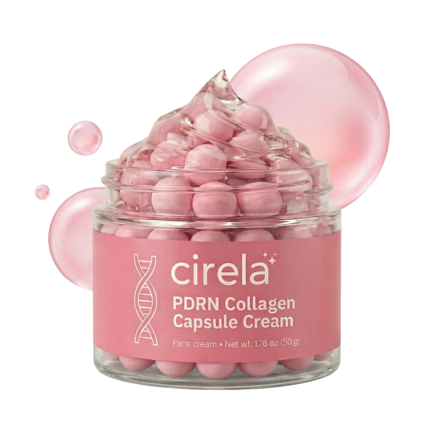 A glass jar of Cirela Beauty PDRN Collagen Capsule Cream with pink, capsule-shaped beads sits before two translucent pink bubbles, promising instant glow and even skin tone. Net weight: 1.76 oz (50g).