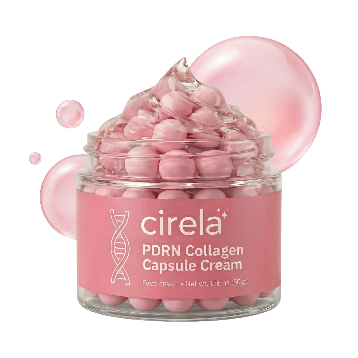A glass jar of Cirela Beauty PDRN Collagen Capsule Cream with pink, capsule-shaped beads sits before two translucent pink bubbles, promising instant glow and even skin tone. Net weight: 1.76 oz (50g).