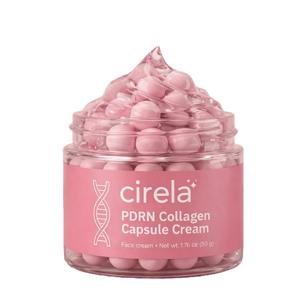 A clear jar of cirela PDRN Collagen Capsule Cream with a pink label and pink cream capsules inside. The lid is off, showing the capsule-like texture of the cream, and the net weight is 1.76 oz (50g).