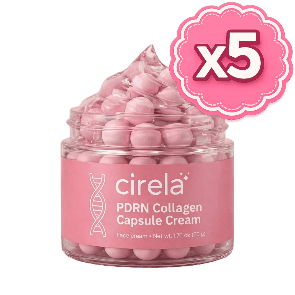 A jar of Cirela PDRN Collagen Capsule Cream with pink capsule-shaped cream inside. A “x5” badge in the top right indicates a set of five jars.