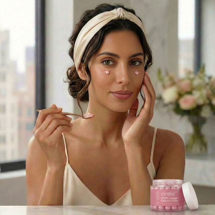 A woman in a sleeveless top applies Cirela Beauty PDRN Collagen Capsule Cream under her eyes with a spatula. Pink capsules and a jar labeled Cirela sit on the table in front of her as she aims for plumper-feeling skin.