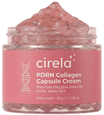 A jar of cirela PDRN Collagen Capsule Cream, featuring a pink label and visible pink capsules inside. The label describes it as a deep hydrating glow cream for plump, glassy skin.