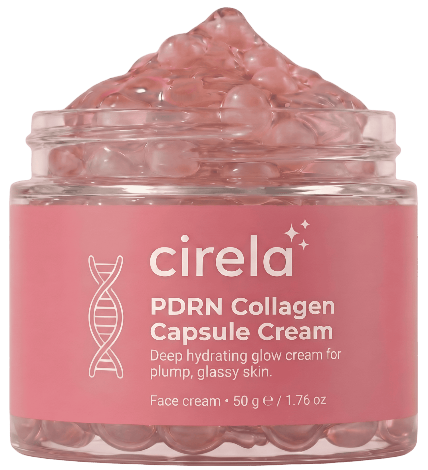 A jar of cirela PDRN Collagen Capsule Cream, featuring a pink label and visible pink capsules inside. The label describes it as a deep hydrating glow cream for plump, glassy skin.