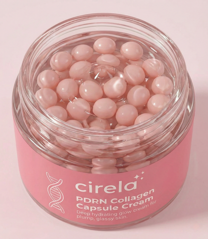 A clear jar labeled Cirela Beauty PDRN Collagen Capsule Cream contains shiny pink capsules; the label describes it as a deep hydrating glow cream for plump, glassy skin.
