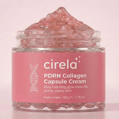 A 50g jar of Cirela Beauty PDRN Collagen Capsule Cream contains pink, gel-like capsules. The label describes it as a deep hydrating glow cream for plump, glassy skin.