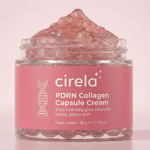 A 50g jar of Cirela Beauty PDRN Collagen Capsule Cream contains pink, gel-like capsules. The label describes it as a deep hydrating glow cream for plump, glassy skin.