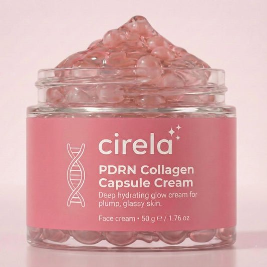 A 50g jar of Cirela Beauty PDRN Collagen Capsule Cream contains pink, gel-like capsules. The label describes it as a deep hydrating glow cream for plump, glassy skin.