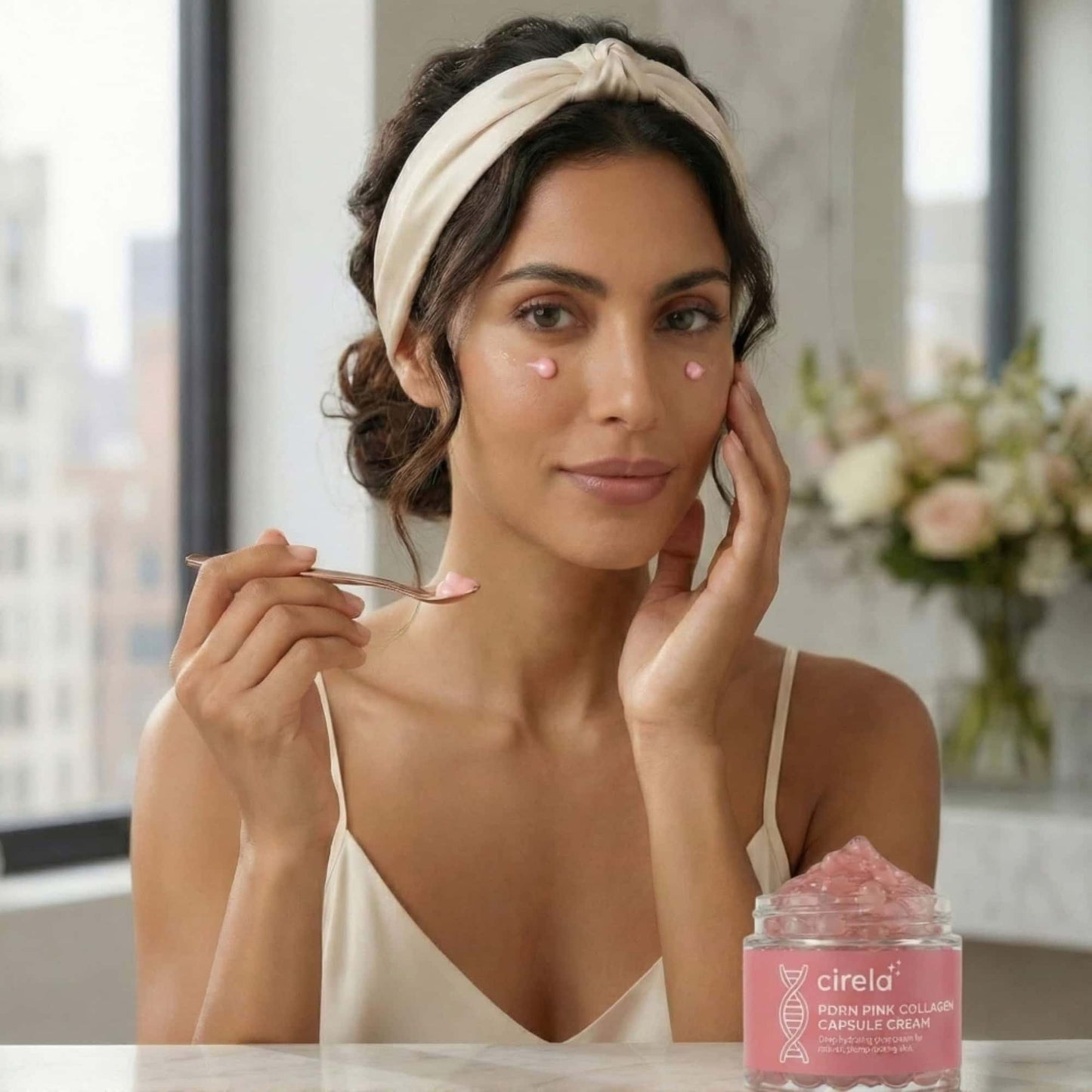 A woman in a cream headband and camisole applies pink cream to her cheeks with a spatula. In front of her is an open jar labeled "Cirela Beauty PDRN Collagen Capsule Cream.