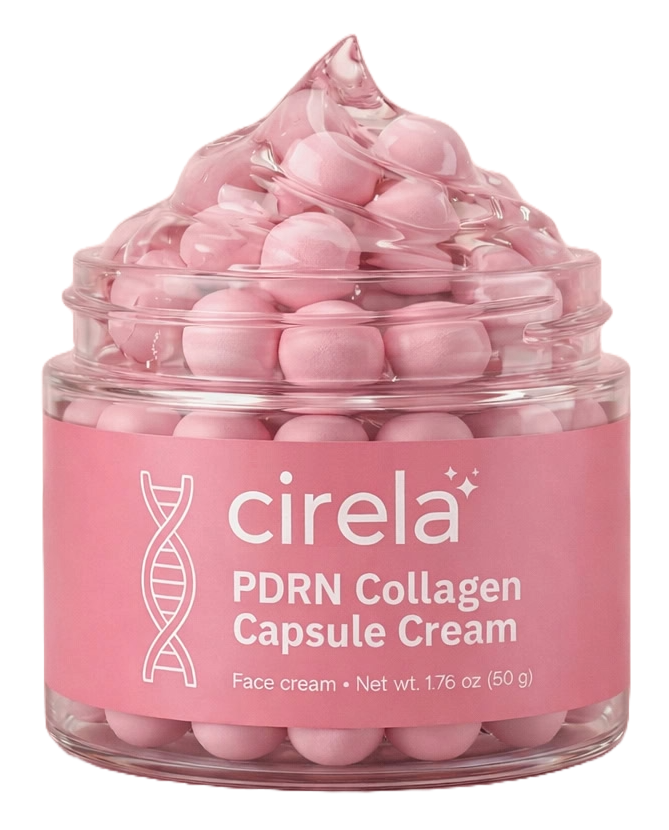 A clear jar with a pink label displays pink, round capsules stacked in a swirl, labeled cirela PDRN Collagen Capsule Cream Face cream, Net wt. 1.76 oz (50 g) with a DNA helix graphic on the label.