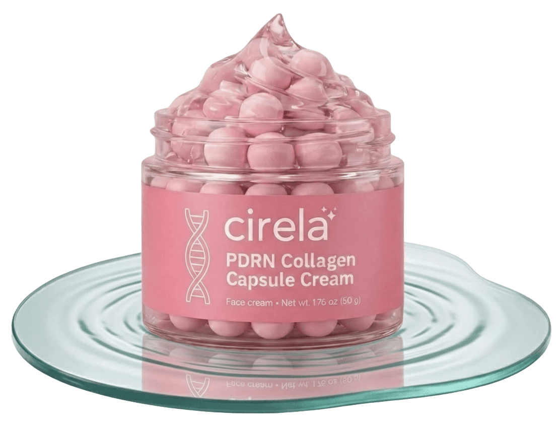 A glass jar labeled cirela PDRN Collagen Capsule Cream containing pink capsule-shaped cream sits on a clear, wavy glass tray. The jar holds 1.76 oz (50 g) of face cream.
