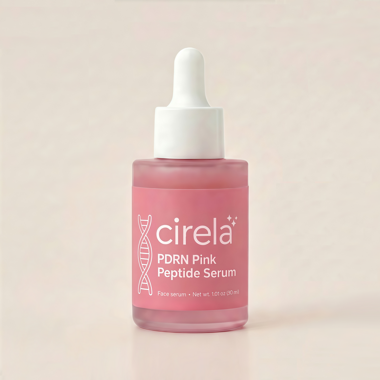 A pink bottle of Cirela Beauty PDRN Pink Peptide Serum with a white dropper cap, labeled for face use, delivers lightweight hydration and is set against a light, neutral background.