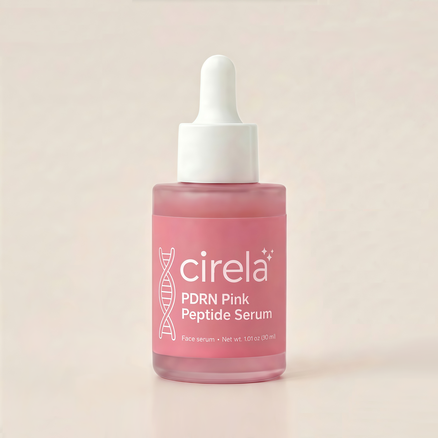 A pink bottle of Cirela Beauty PDRN Pink Peptide Serum with a white dropper cap, labeled for face use, delivers lightweight hydration and is set against a light, neutral background.