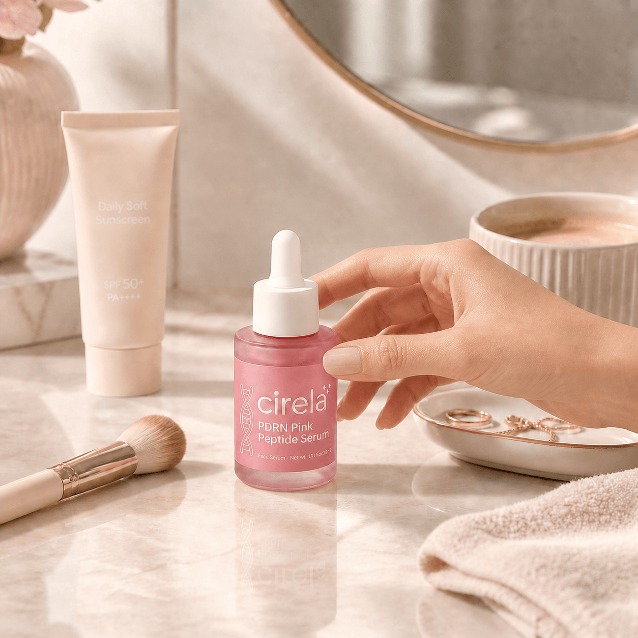 A hand holding a pink dropper bottle labeled cirela PDRN Pink Peptide Serum on a bathroom counter, near a tube of sunscreen, a makeup brush, and a jewelry dish with rings.