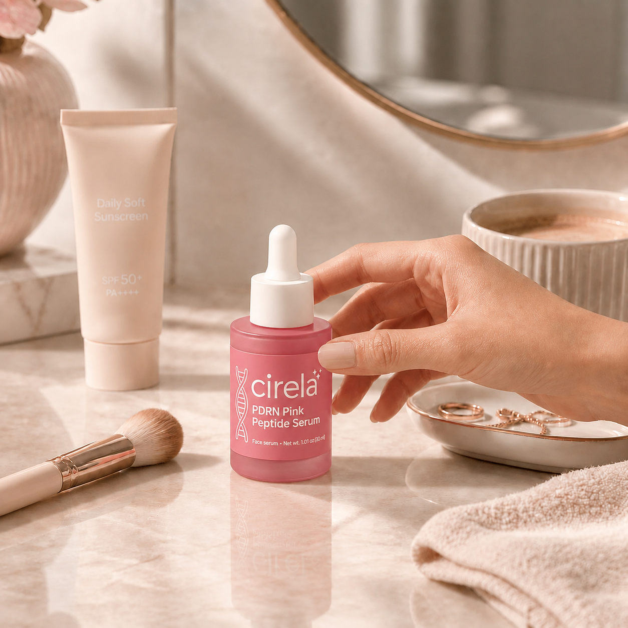 A hand picks up a pink bottle labeled cirela PDRN Pink Peptide Serum from a bathroom counter, with a tube of sunscreen, a makeup brush, and jewelry dish nearby.