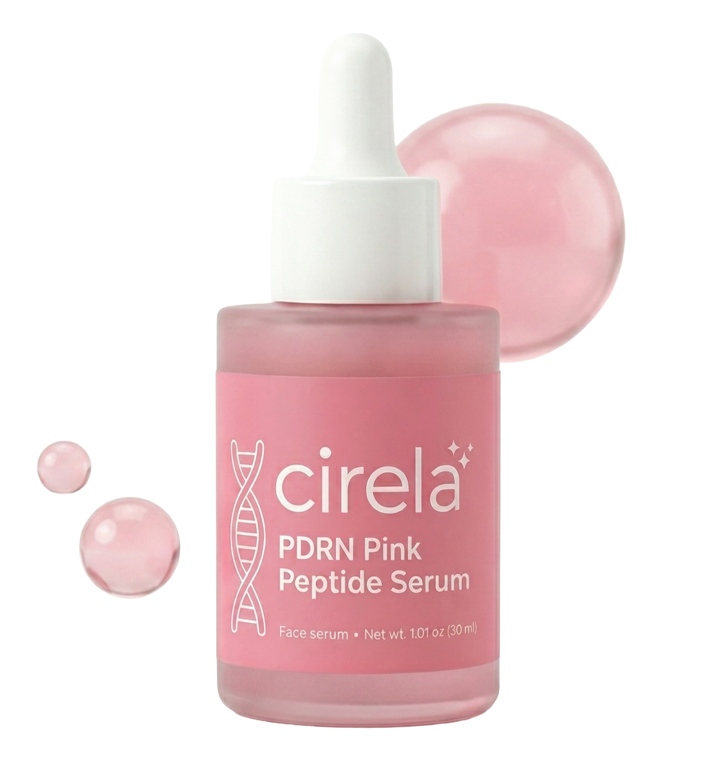 A pink bottle of Cirela Beauty PDRN Pink Peptide Serum with a white dropper cap features a DNA graphic on the label. Three translucent pink drops sit beside it, showcasing this glow-boosting peptide serum.