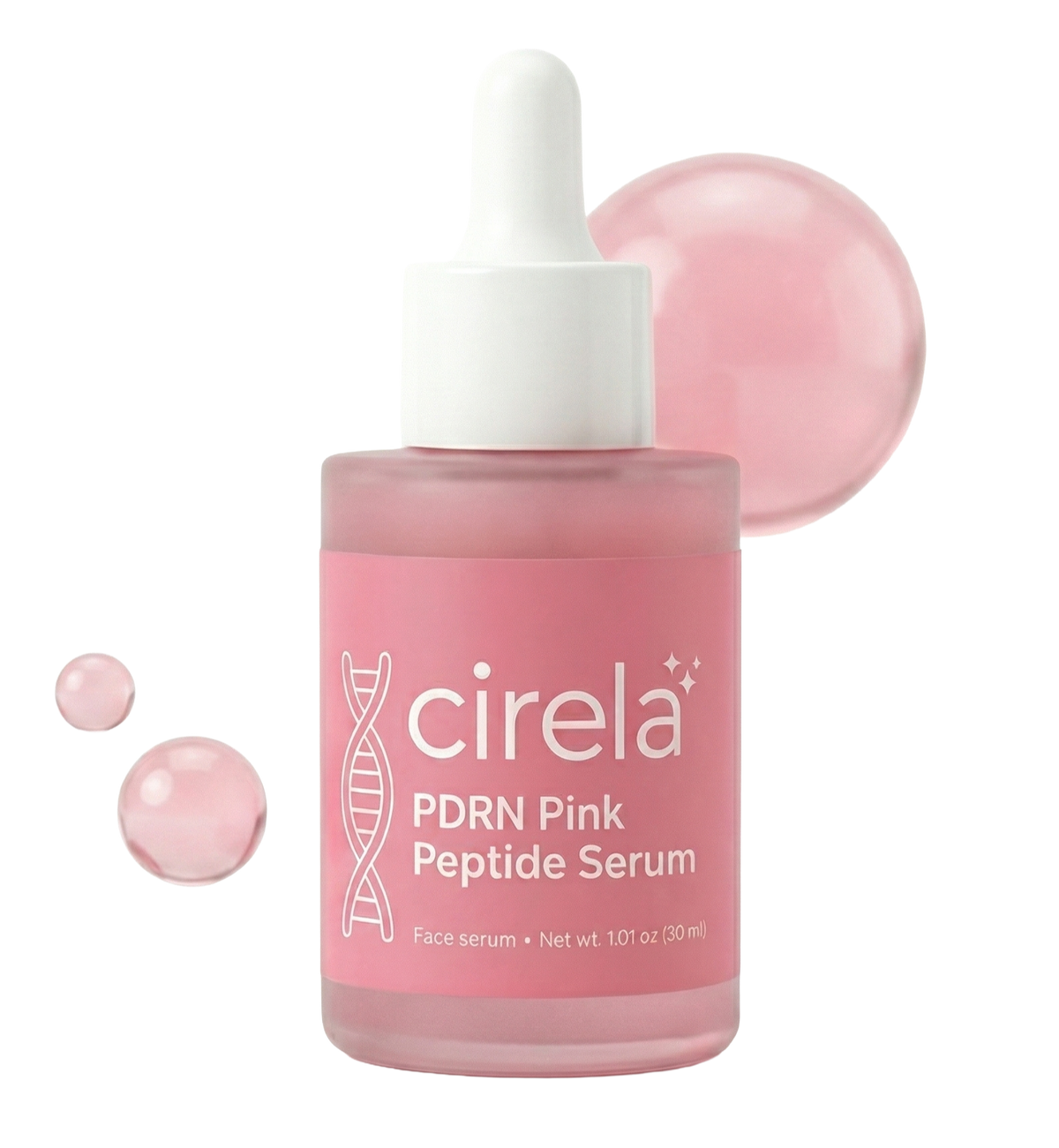 A pink bottle of Cirela Beauty PDRN Pink Peptide Serum with a white dropper cap features a DNA graphic on the label. Three translucent pink drops sit beside it, showcasing this glow-boosting peptide serum.