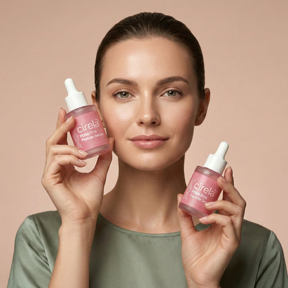 A woman with clear skin holds two Cirela Beauty PDRN Pink Peptide Serum bottles with dropper lids, one near her cheek and one near her chin, against a soft beige background for an effortless glow boost.