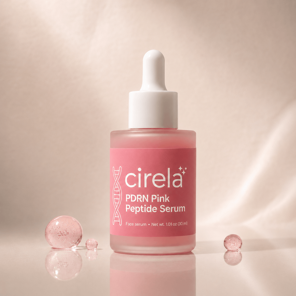 A pink bottle of Cirela Beauty PDRN Pink Peptide Serum with a white dropper cap sits among pink gel spheres on a softly lit background—ideal for daily glow and hydration.