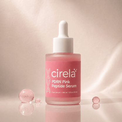 A pink bottle of Cirela Beauty PDRN Pink Peptide Serum with a white dropper cap sits among pink gel spheres on a softly lit background—ideal for daily glow and hydration.